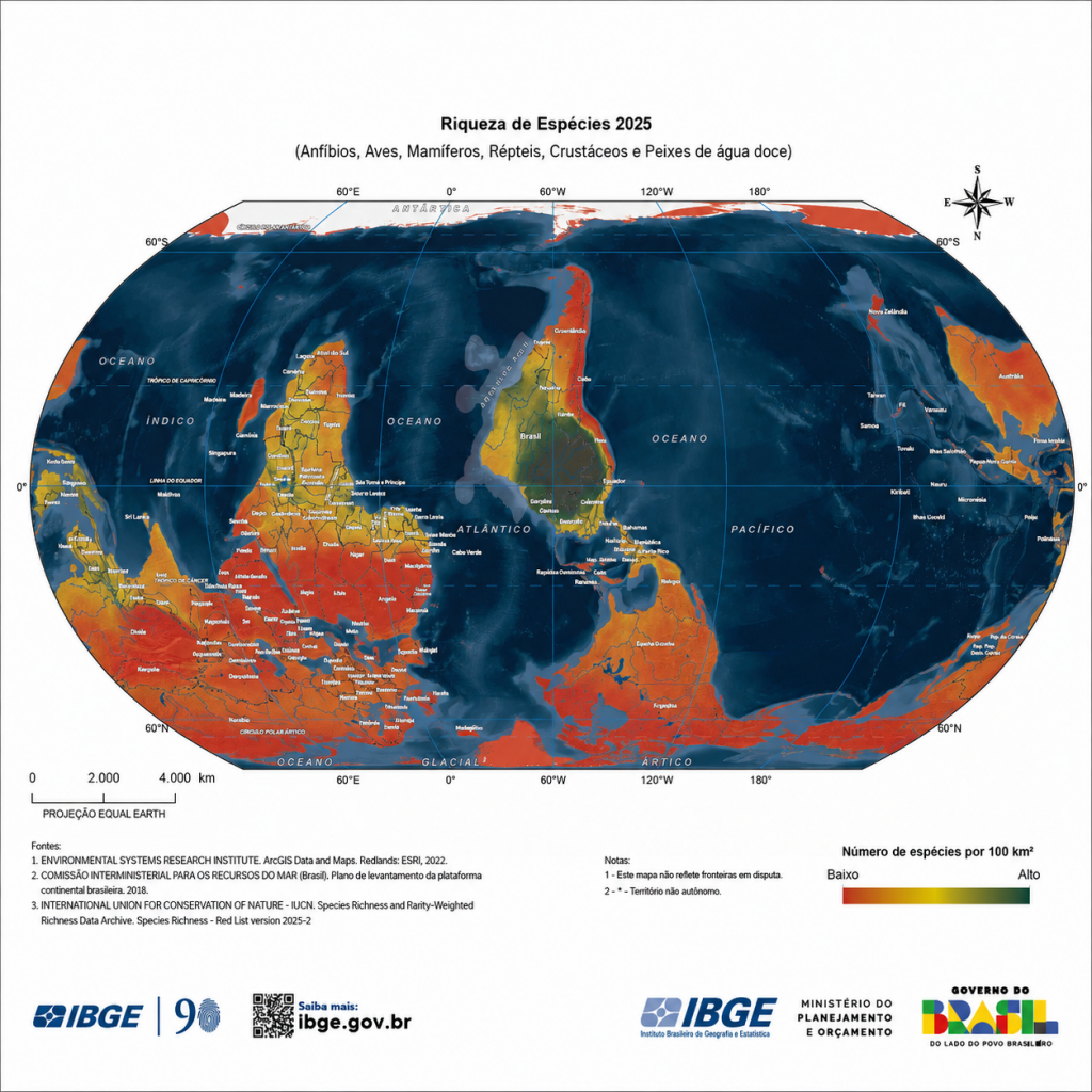 Novo mapa-múndi do IBGE destaca biodiversidade global e representação proporcional dos continentes